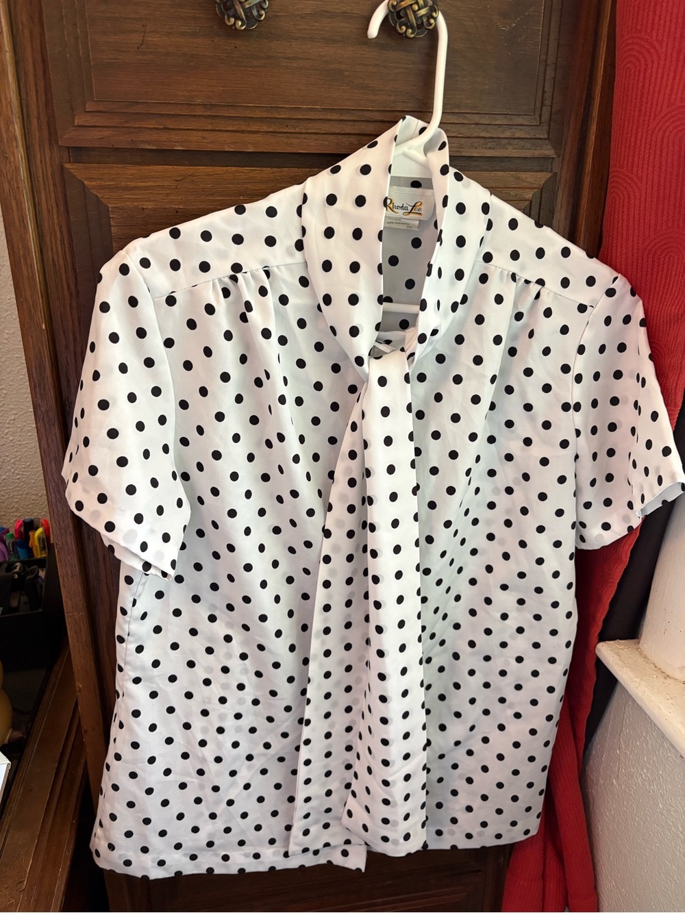 Rhoda Lee 1970s Polka Dot Tie-Neck Blouse - White/Black